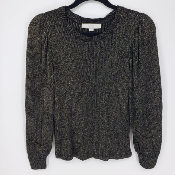 3/$25 LOFT Metallic Ribbed Knit Sweater XS Womens Blouson Sleeves Gold Black - Picture 1 of 9